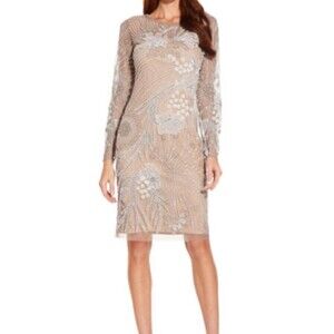 Adrianna Papell Women's Sequin Beaded Party Cocktail Wedding Grey Tan Mesh Sz 14